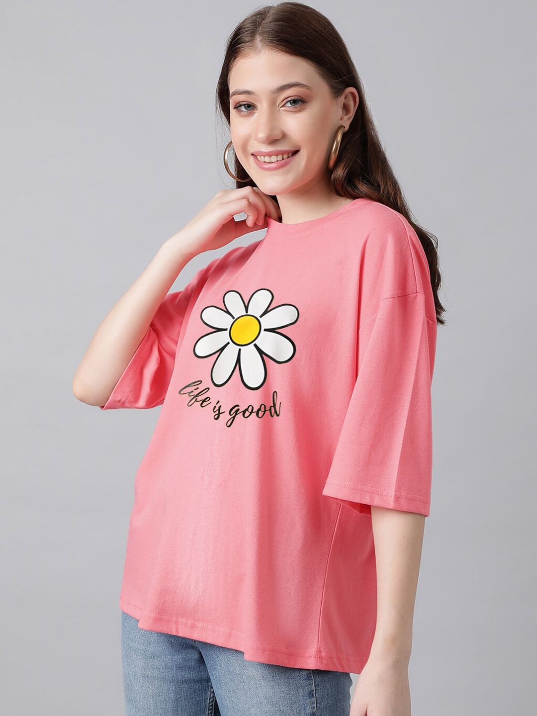 KOTTY Basics Graphic Printed Drop-Shoulder Sleeves Oversized T-shirt