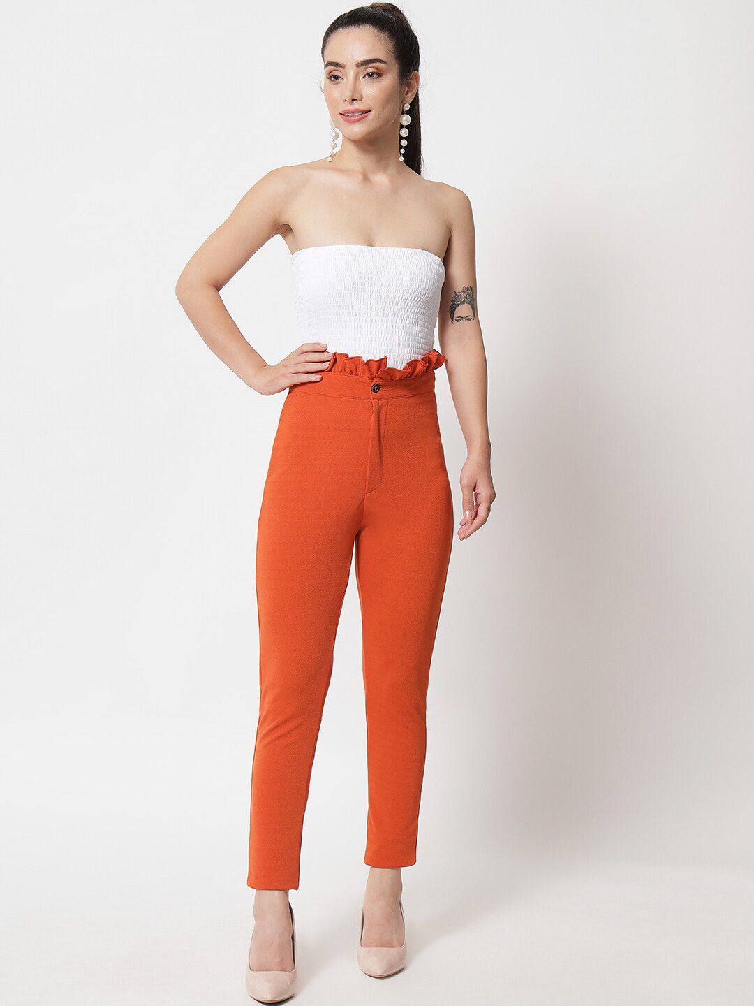 Kotty Women Orange Relaxed Straight Fit High-Rise Easy Wash Trousers