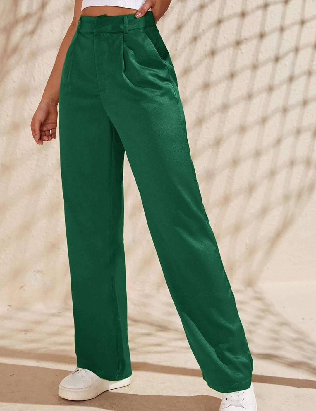 KOTTY BIZwear Women Green Relaxed Straight Fit High-Rise Easy Wash Pleated Trousers