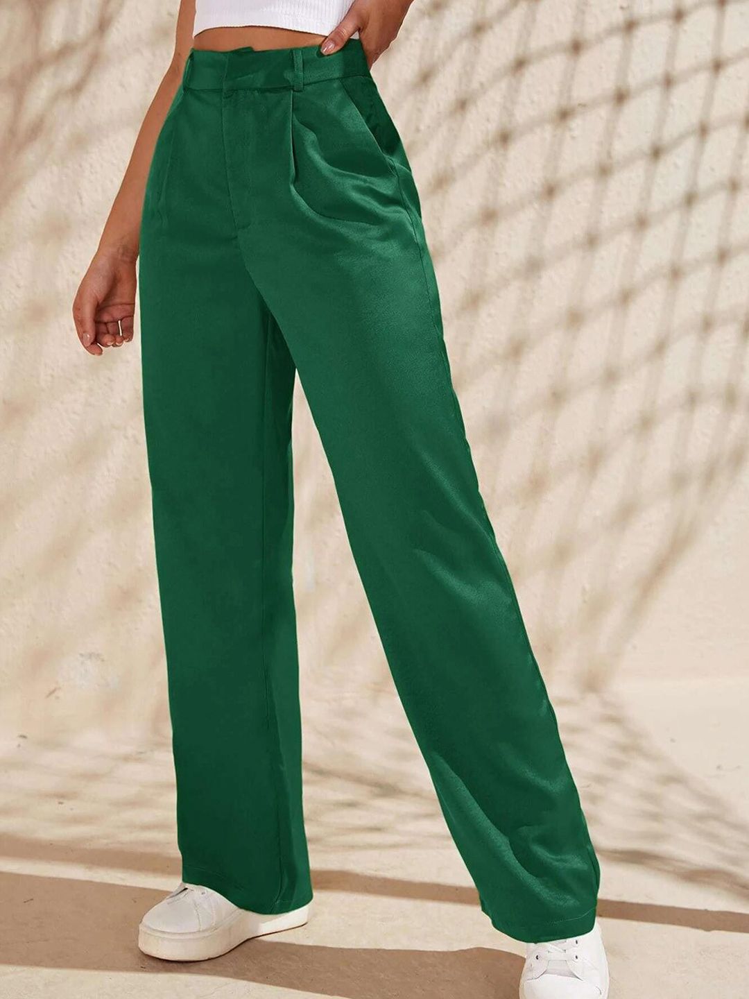 KOTTY BIZwear Women Green Relaxed Straight Fit High-Rise Easy Wash Pleated Trousers