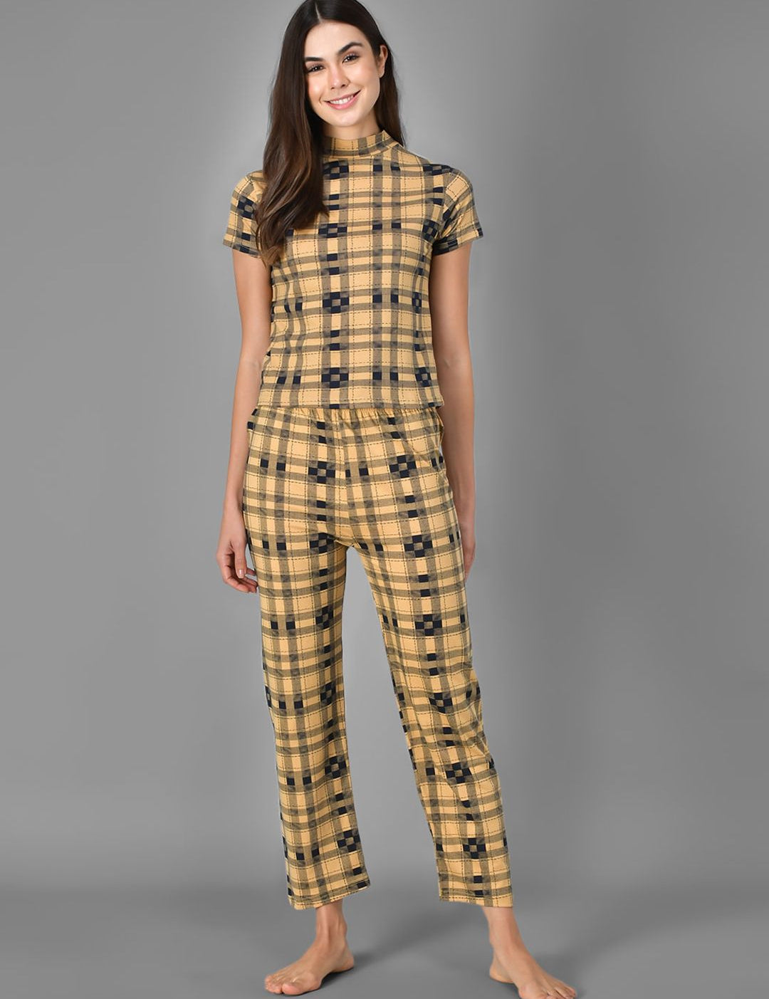 Kotty Women Yellow & Black Checked Night Suit