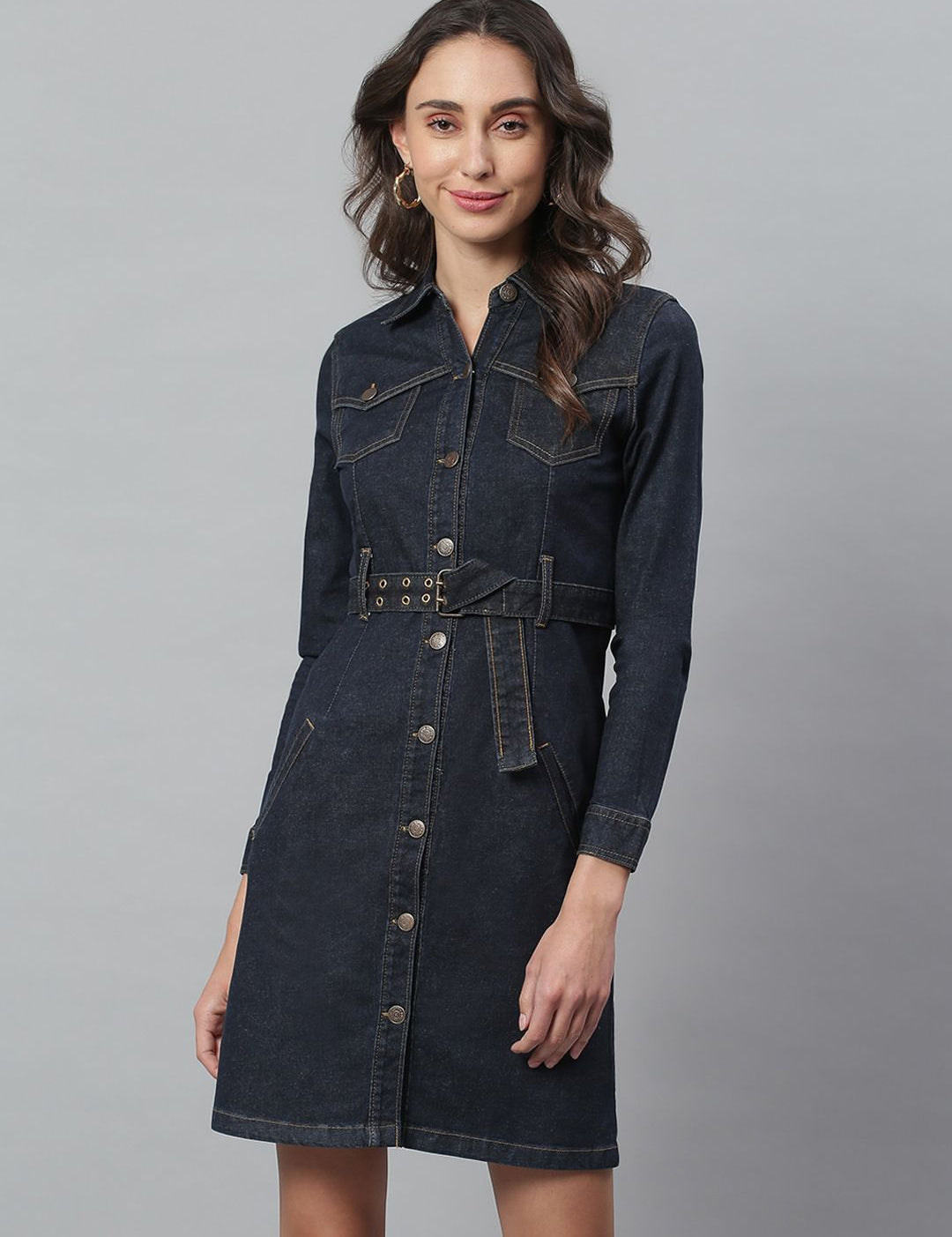 Kotty Women Blue Solid Denim Shirt Dress & Belt