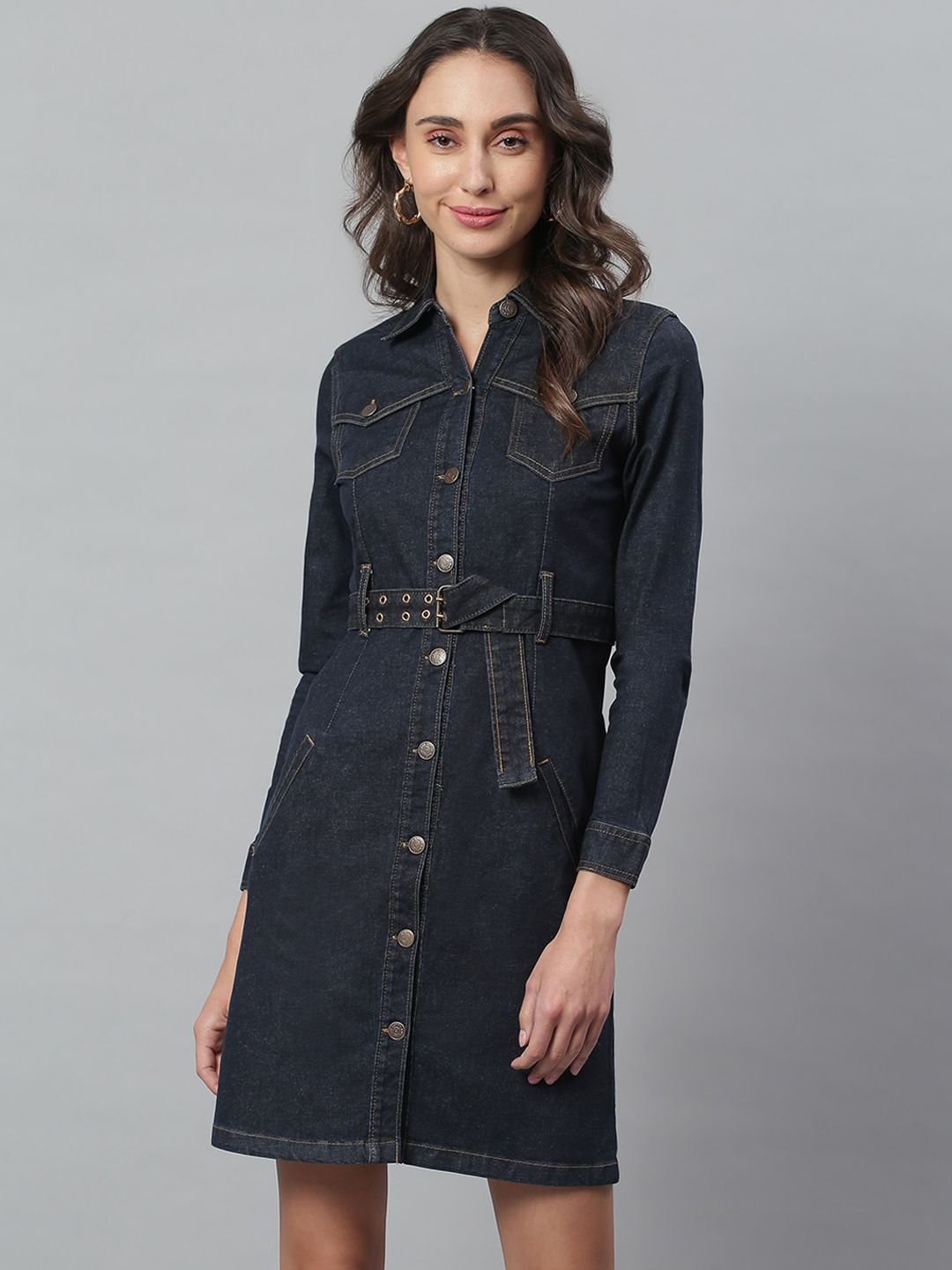 Kotty Women Blue Solid Denim Shirt Dress & Belt