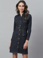 Kotty Women Blue Solid Denim Shirt Dress & Belt