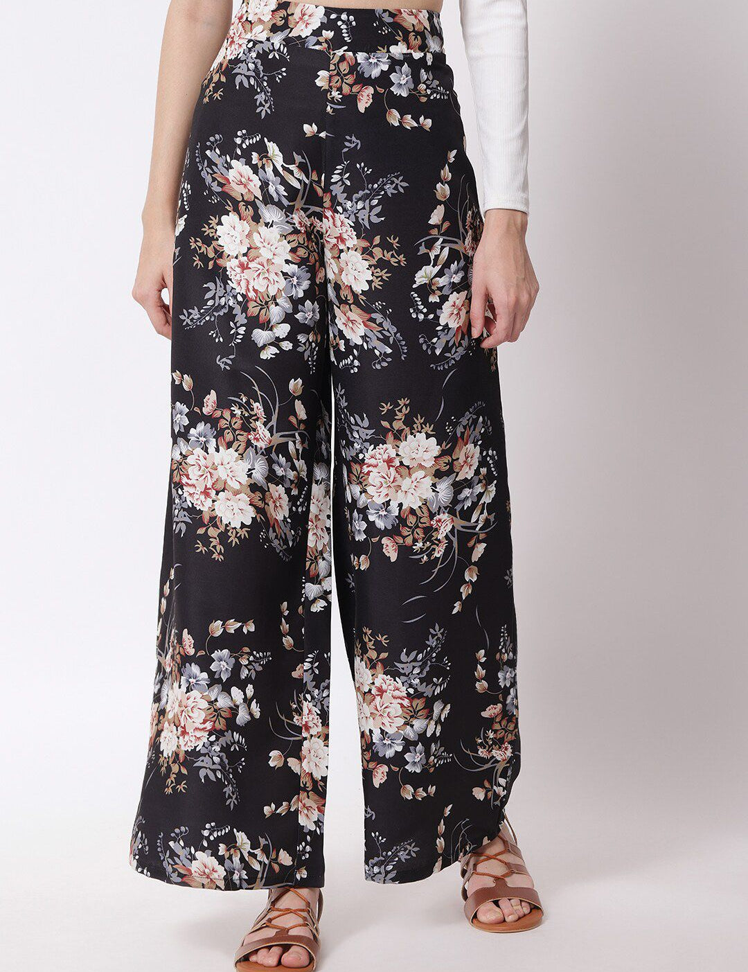 Kotty Women Black Floral Printed Relaxed Flared High-Rise Easy Wash Trousers