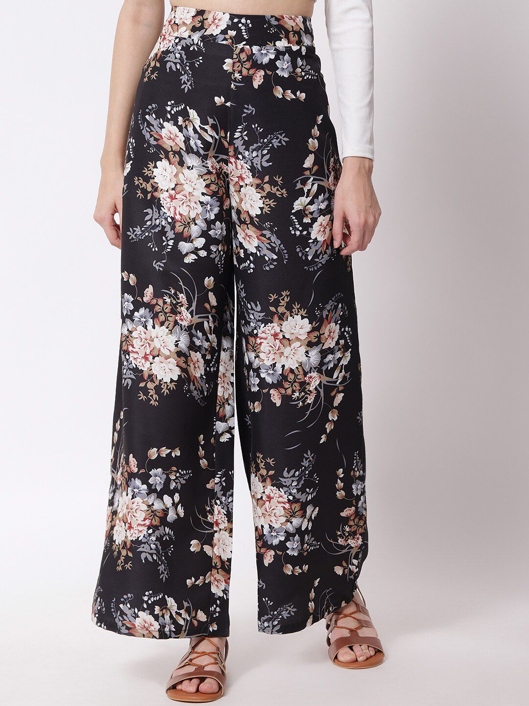 Kotty Women Black Floral Printed Relaxed Flared High-Rise Easy Wash Trousers