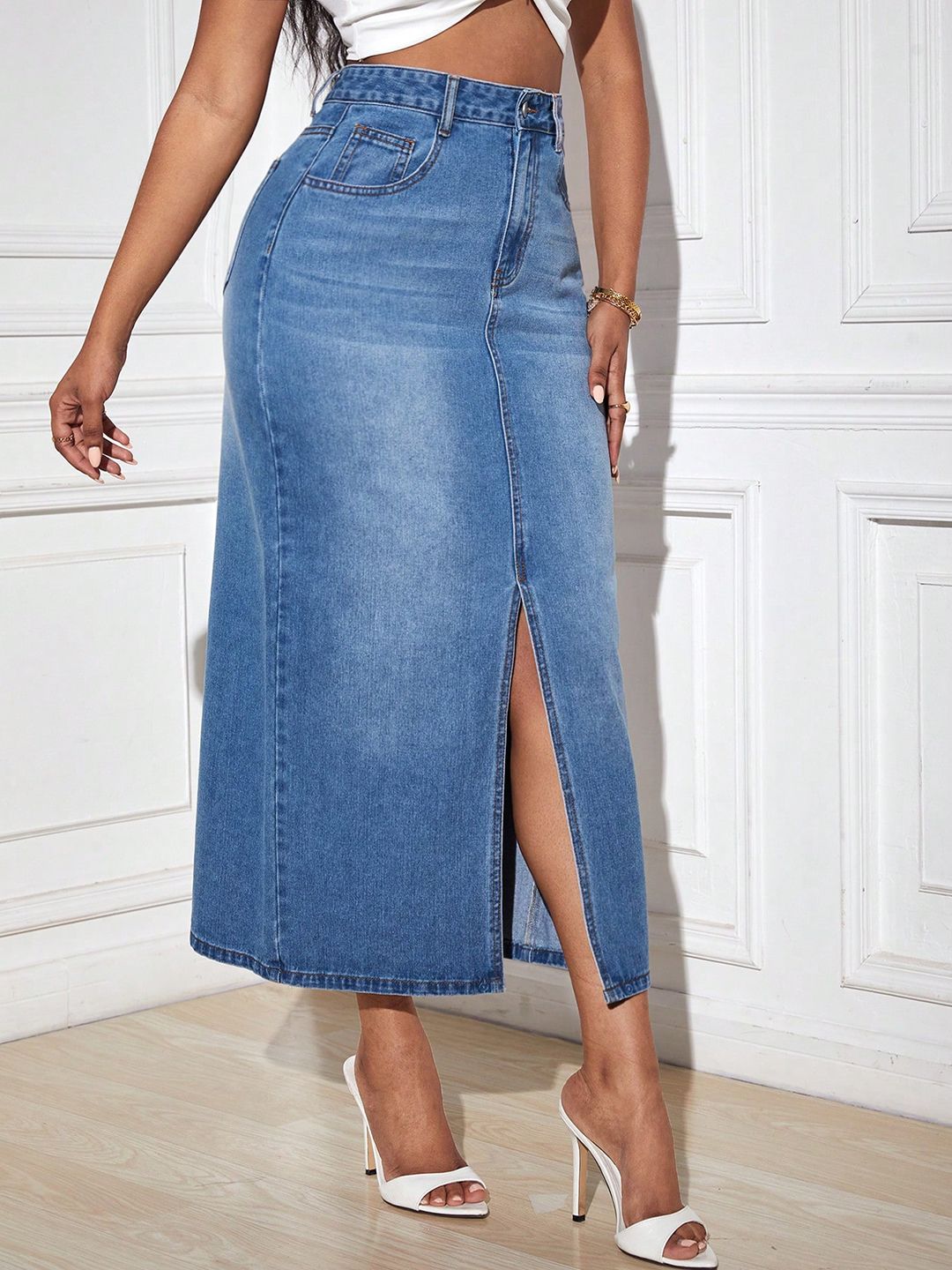 Kotty Denim Pencil Midi Skirt