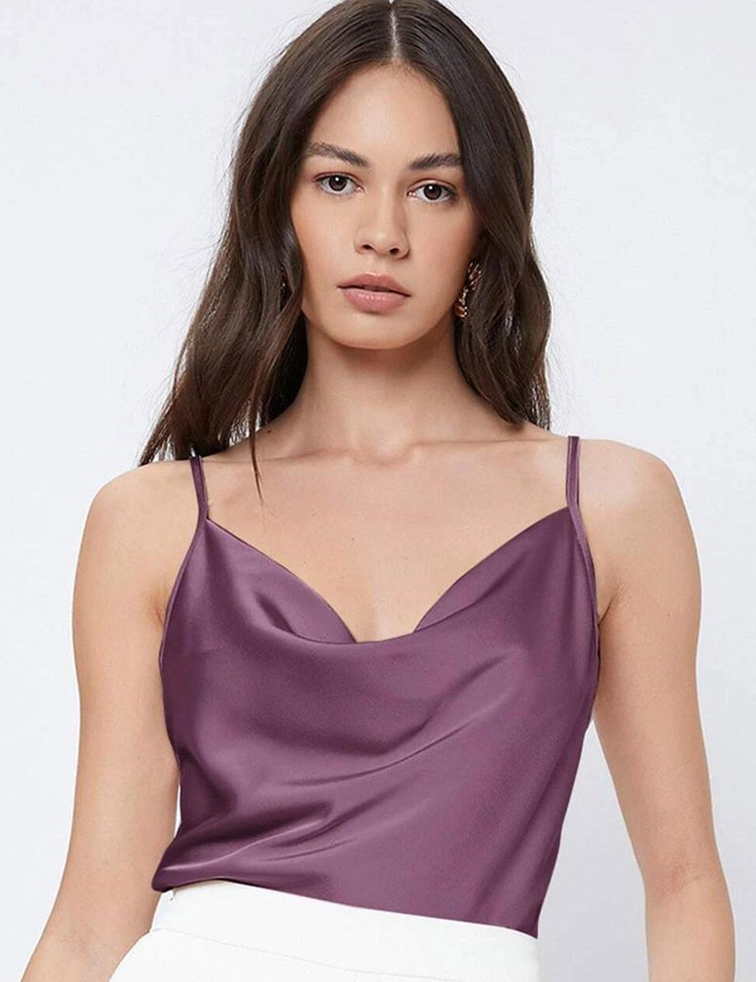 Kotty Purple Cowl Neck Shoulder Straps Satin Top