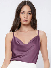 Kotty Purple Cowl Neck Shoulder Straps Satin Top