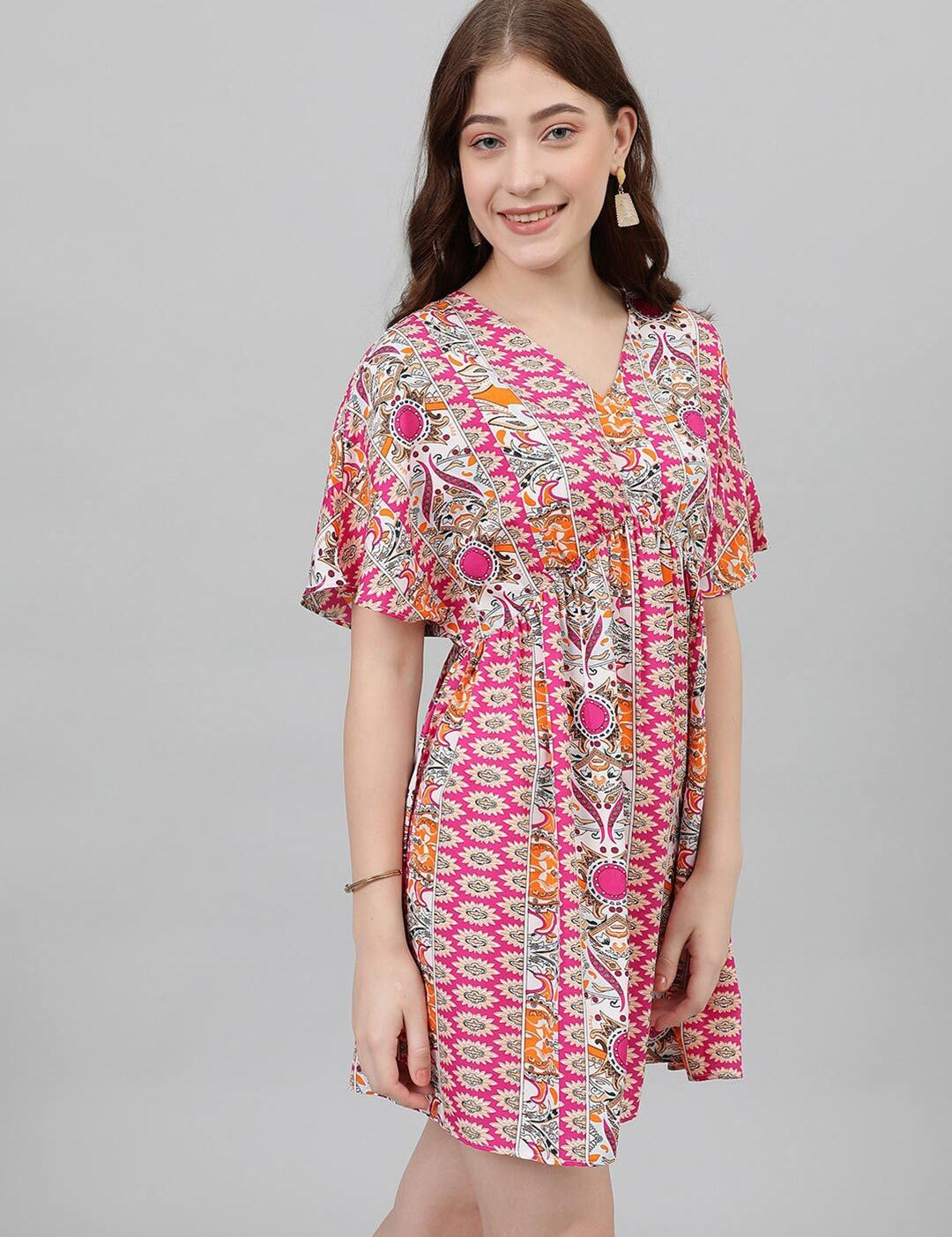 Kotty Pink & White Ethnic Motifs Printed Flared Sleeves Empire Mini Dress