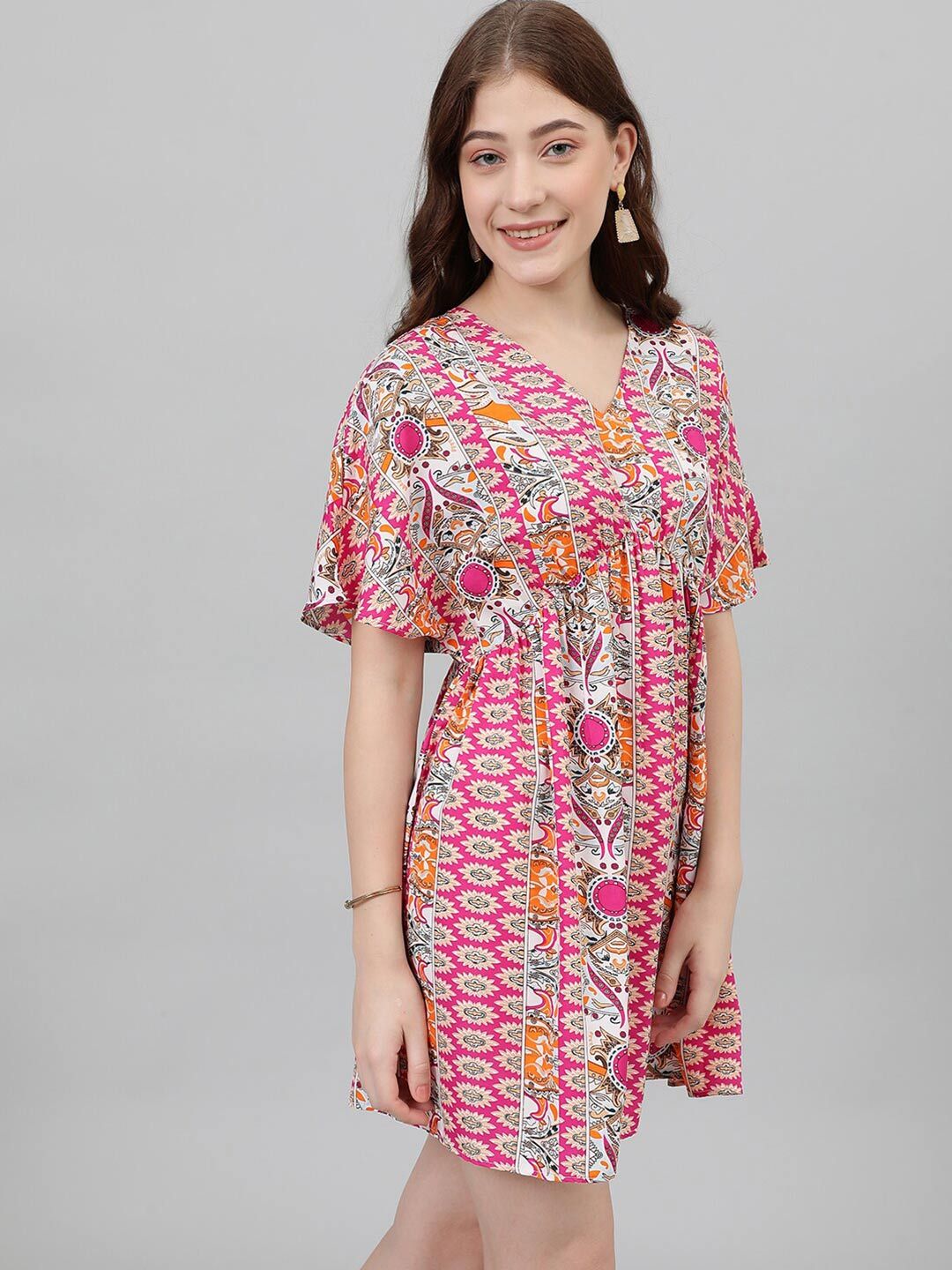 Kotty Pink & White Ethnic Motifs Printed Flared Sleeves Empire Mini Dress