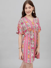 Kotty Pink & White Ethnic Motifs Printed Flared Sleeves Empire Mini Dress