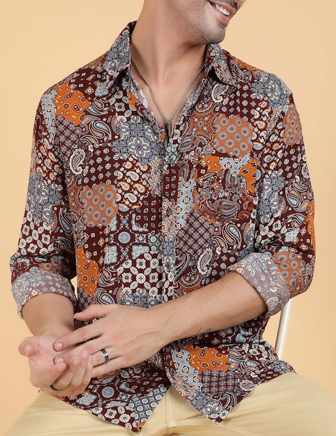 Kotty Men Relaxed Spread Collar Graphic Printed Cotton Casual Shirt