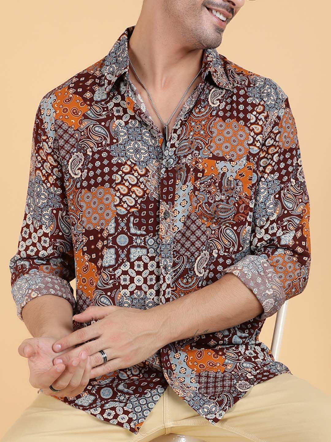 Kotty Men Relaxed Spread Collar Graphic Printed Cotton Casual Shirt