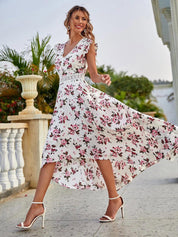 Kotty White & Pink Floral Printed V-Neck High-Low Fit & Flare Midi Dress