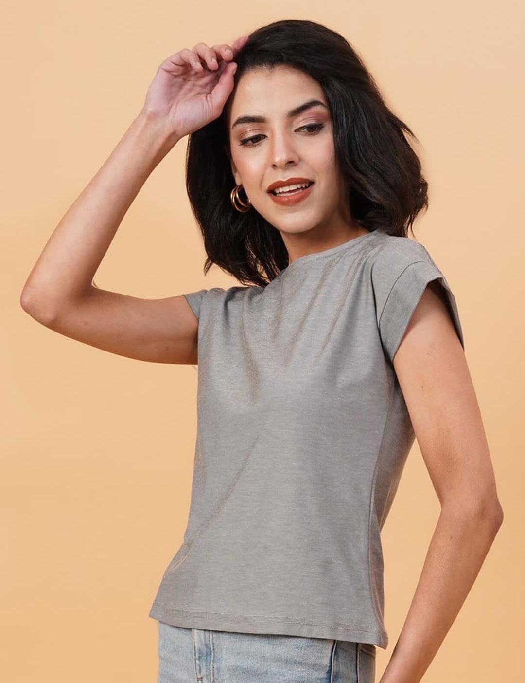 Kotty Grey Round Neck Cap Sleeves Regular T-shirt