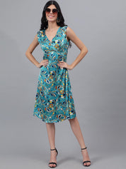 Kotty Sea Green And Blue Floral Printed V-Neck Fit & Flare Midi Dress