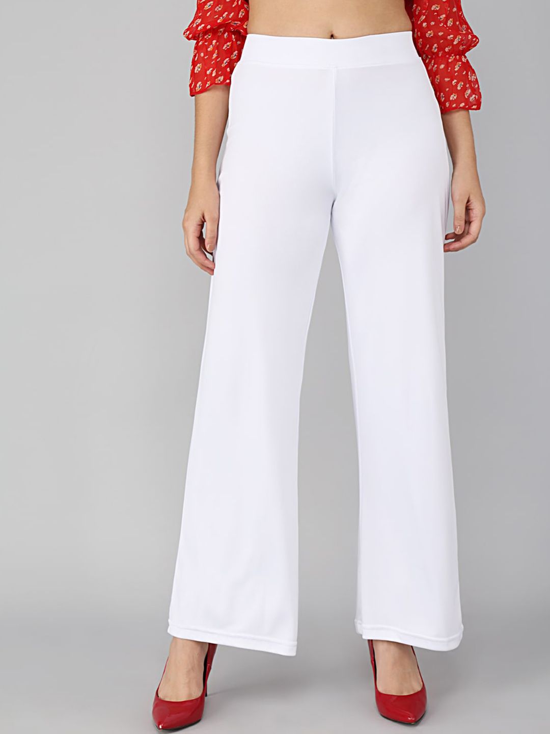 Kotty Women White Solid Flared Fit Parallel Trousers