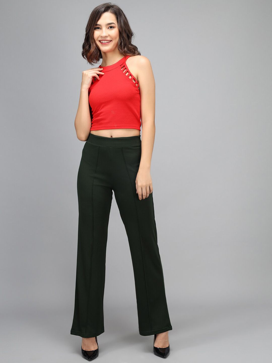Kotty Women Green High-Rise Bootcut Trousers