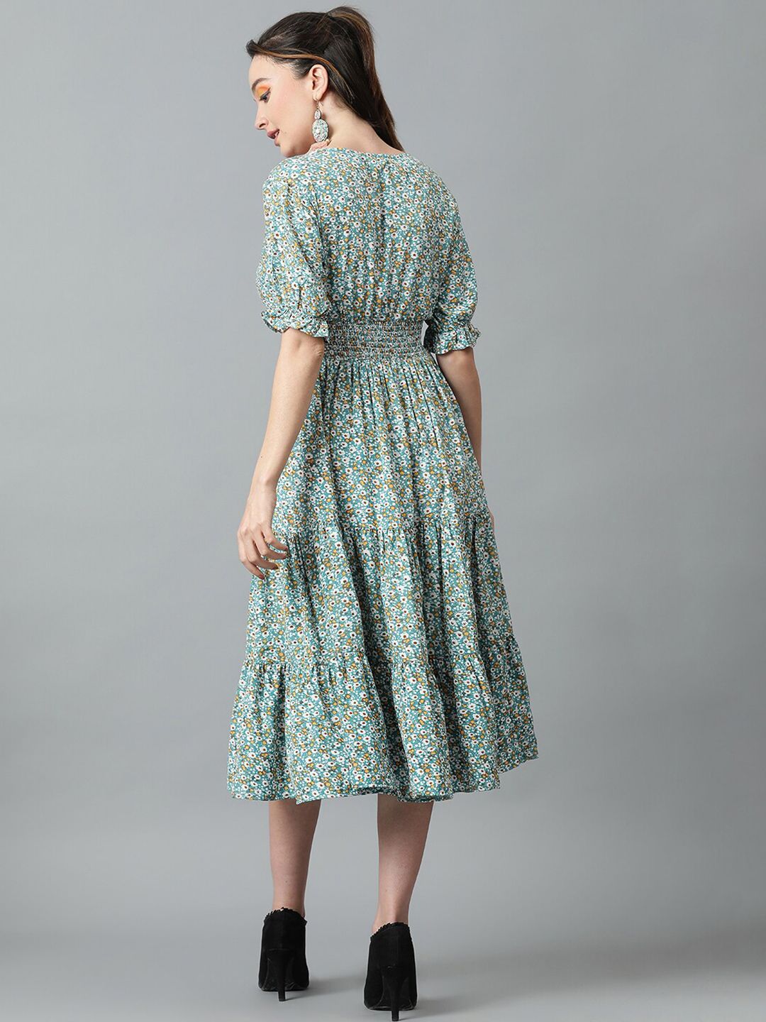 Kotty Blue & White Floral Printed Puff Sleeve Crepe Smocked Tiered Fit & Flare Midi Dress