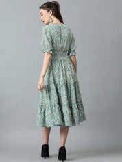 Kotty Blue & White Floral Printed Puff Sleeve Crepe Smocked Tiered Fit & Flare Midi Dress