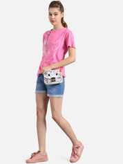 Kotty Women Pink & White Printed Round Neck T-shirt