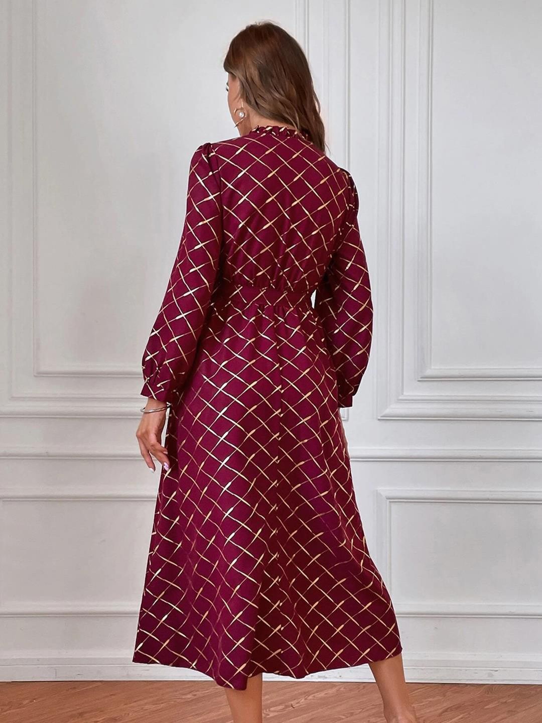 Kotty Maroon Checked Printed Tie-Up Neck Puff Sleeves Fit & Flare Midi Dress