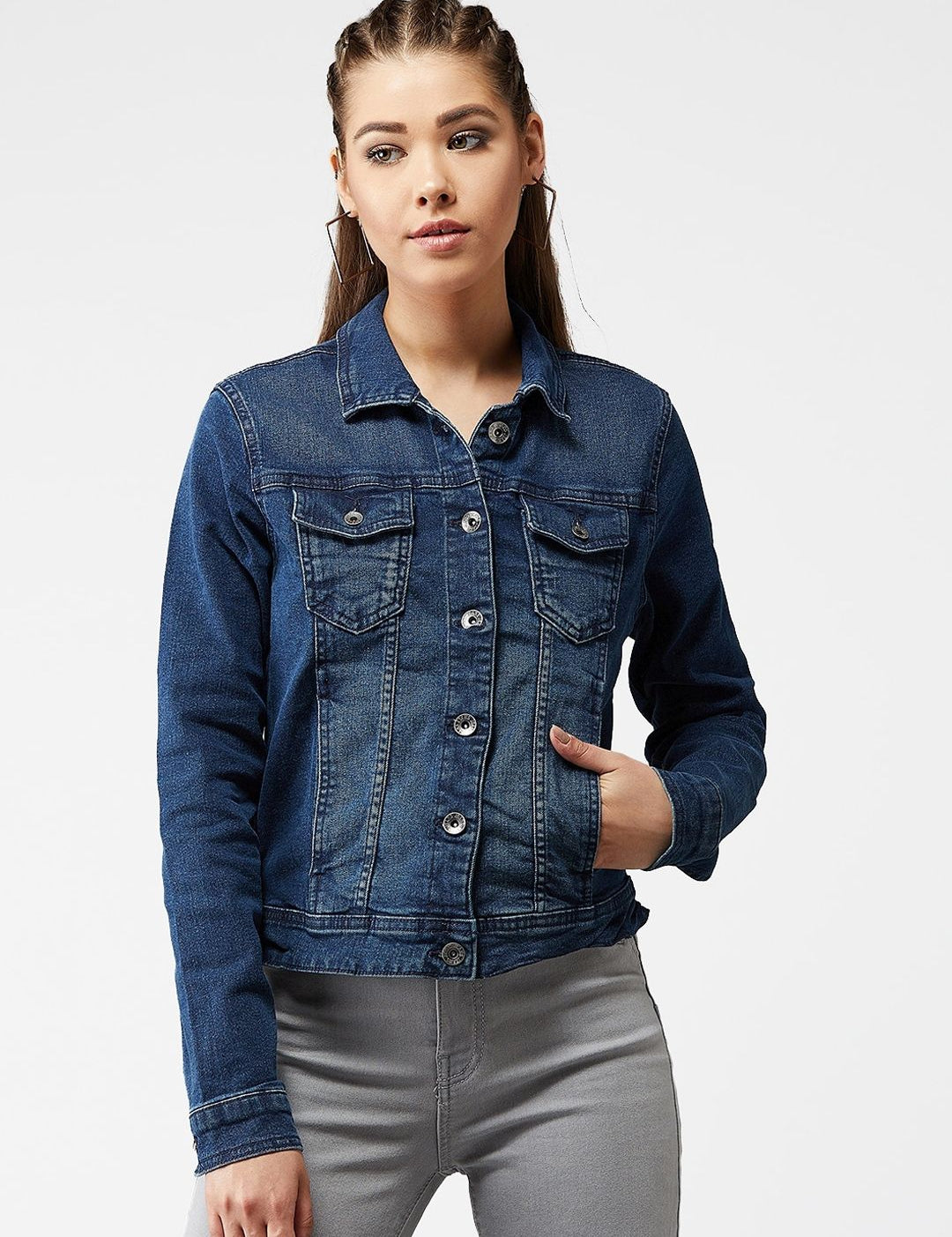 Kotty Women Navy Blue Solid Denim Jacket