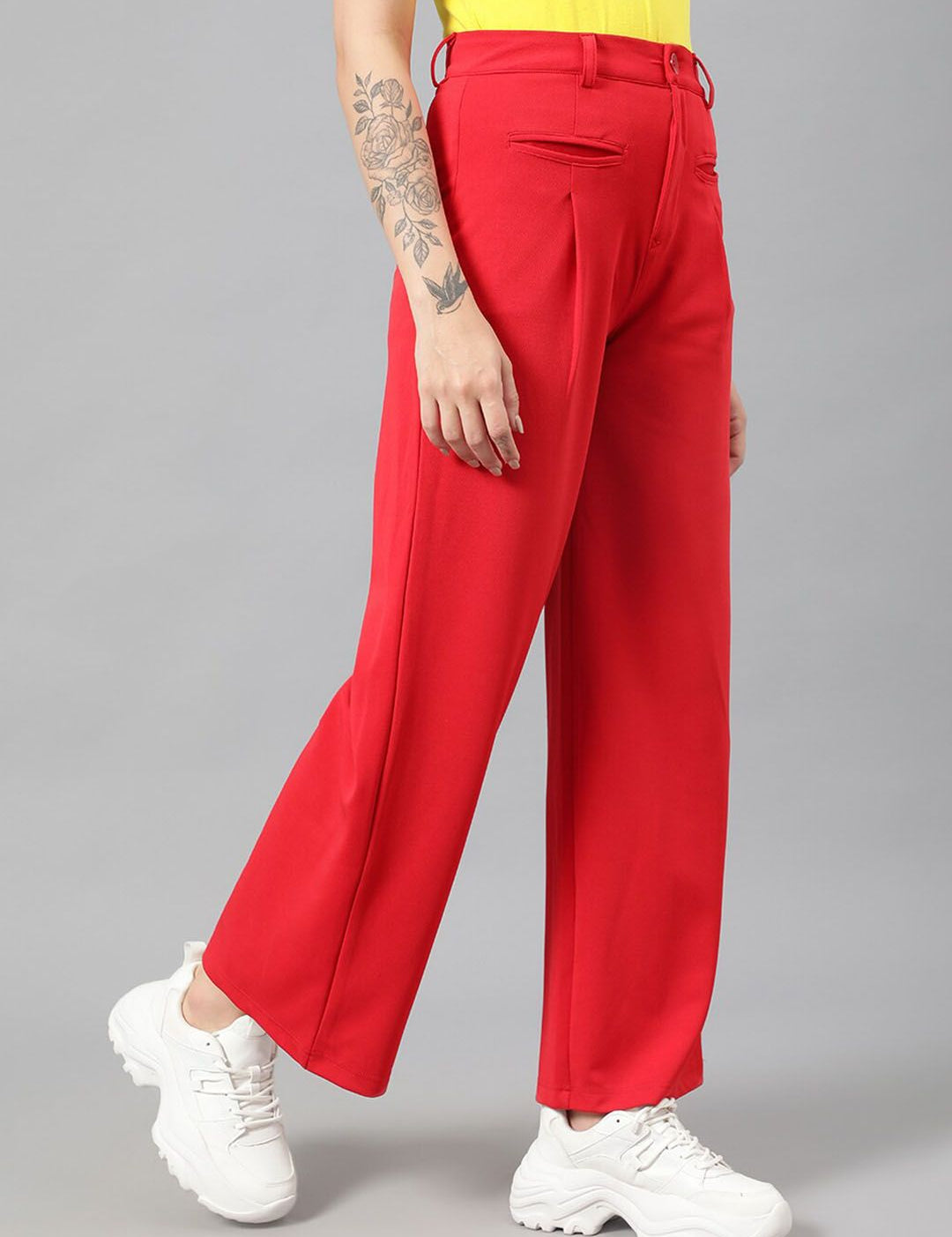 Kotty Women Red Relaxed Straight Leg Fit High-Rise Easy Wash Pleated Parallel Trousers