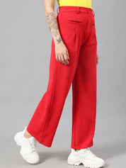Kotty Women Red Relaxed Straight Leg Fit High-Rise Easy Wash Pleated Parallel Trousers