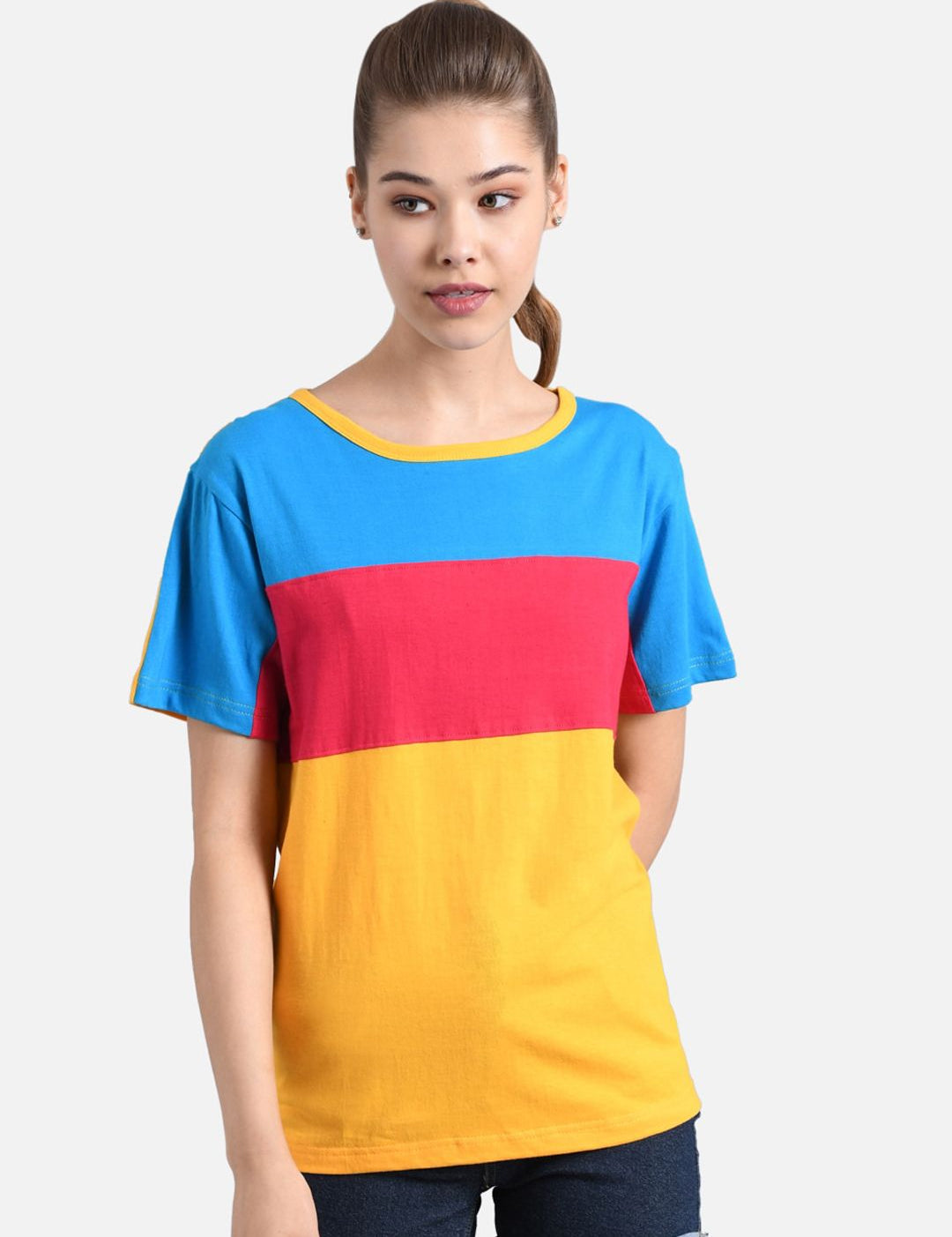 Kotty Women Yellow & Red Colourblocked Boat Neck T-shirt