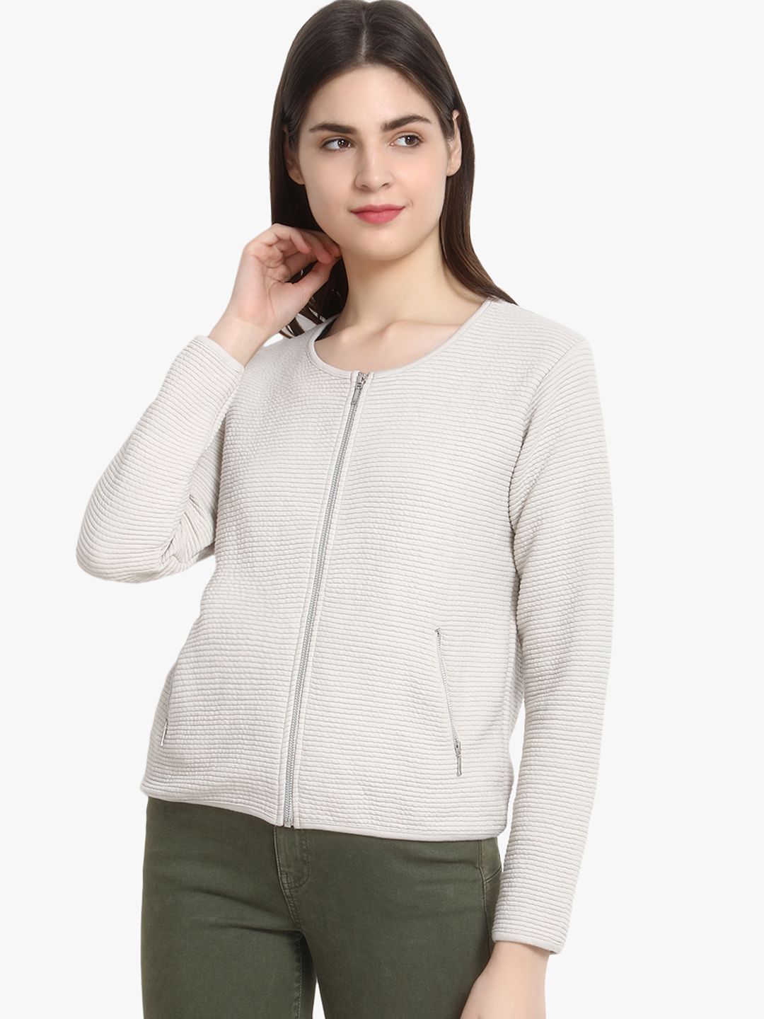 Kotty Women Off-White Self Design Lightweight Tailored Jacket