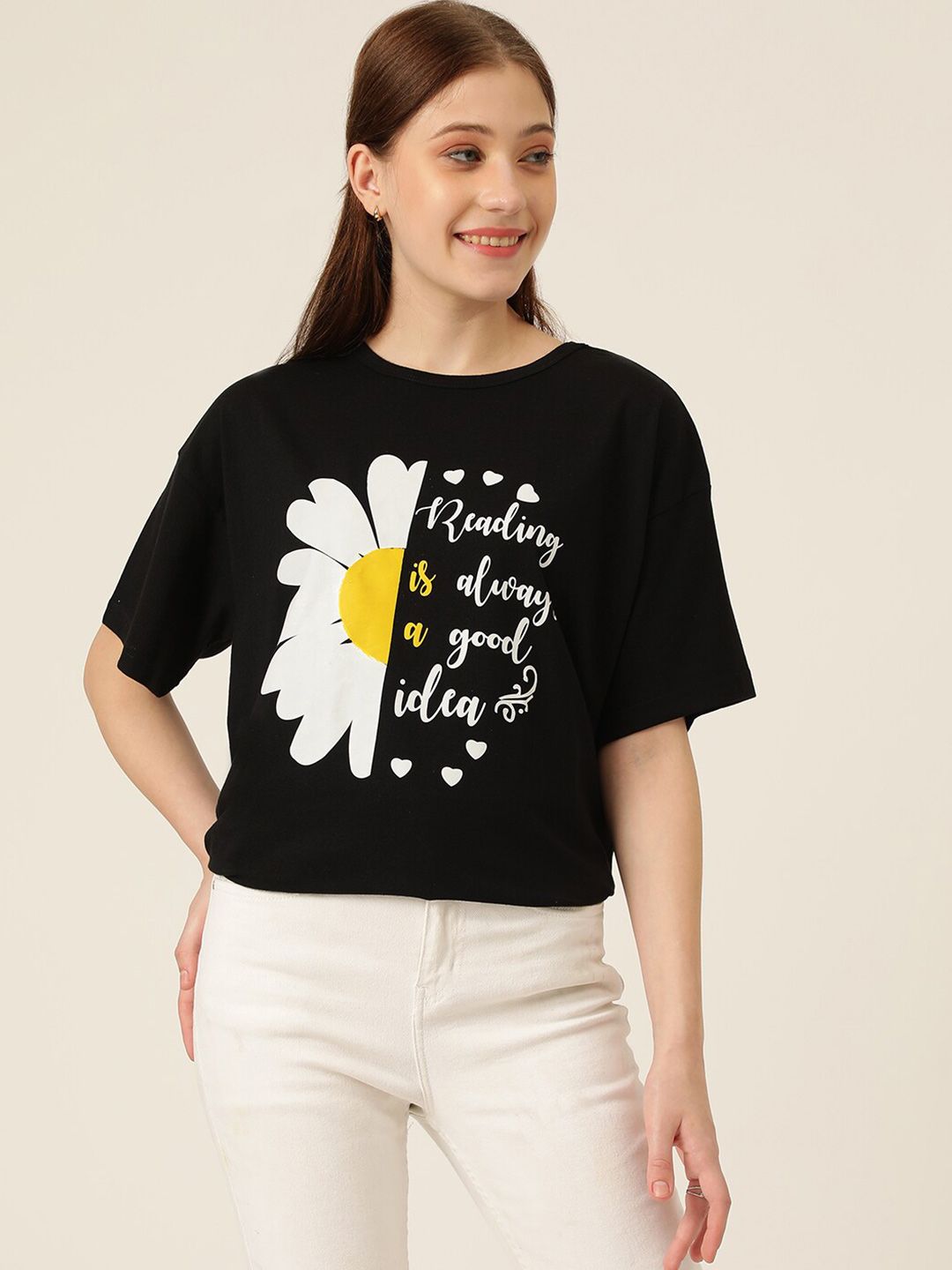 KOTTY Basics Graphic Printed Drop Shoulder Sleeves Oversized T-shirt