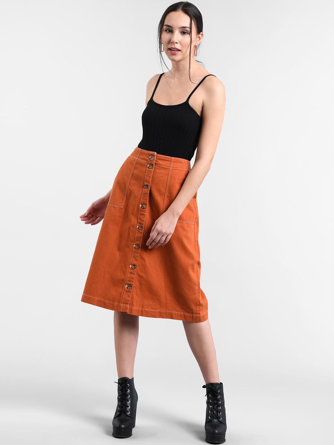 Kotty Women Orange Solid A-Line Denim Skirt