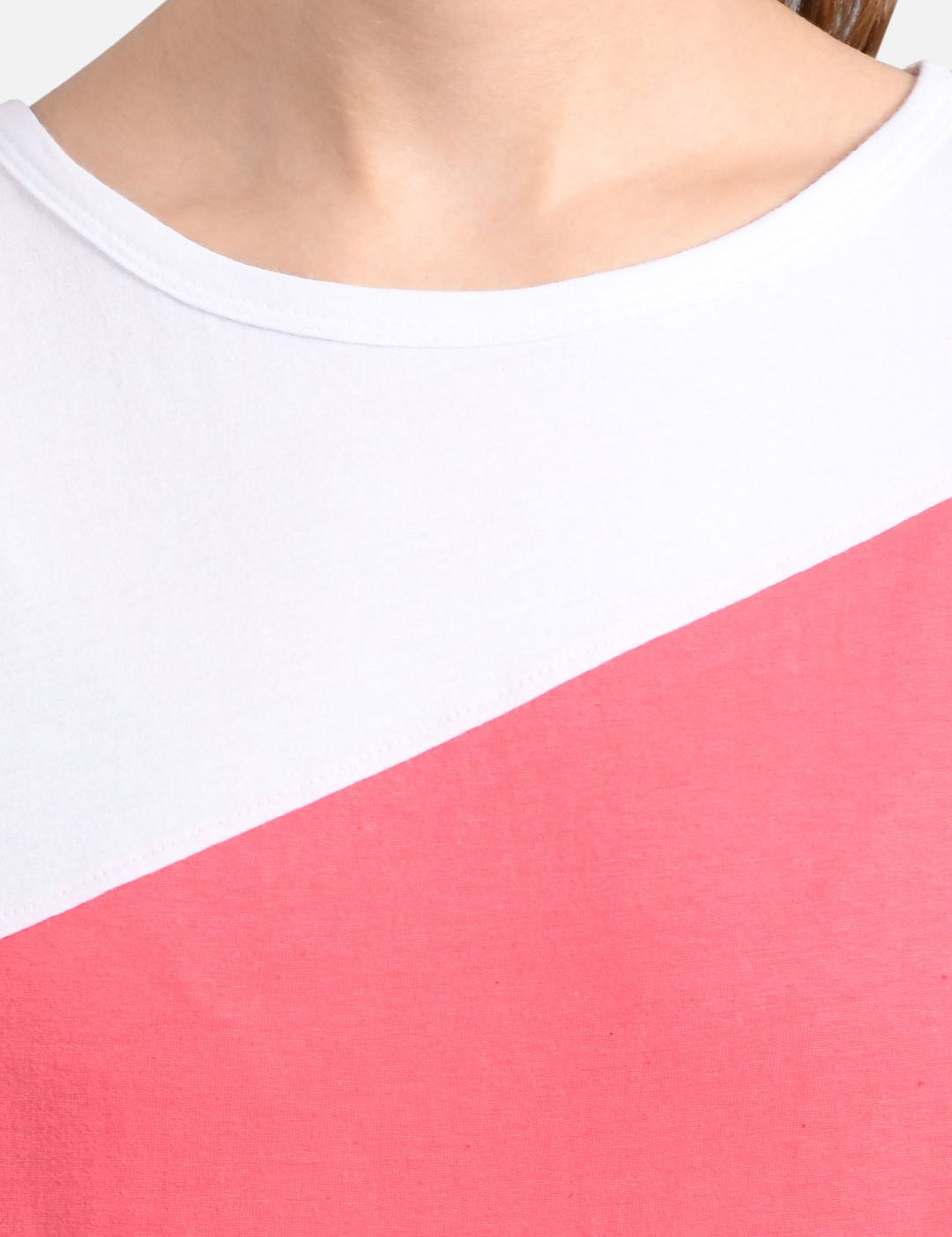 Kotty Women Coral Pink & White Colourblocked Boat Neck T-shirt