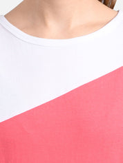 Kotty Women Coral Pink & White Colourblocked Boat Neck T-shirt