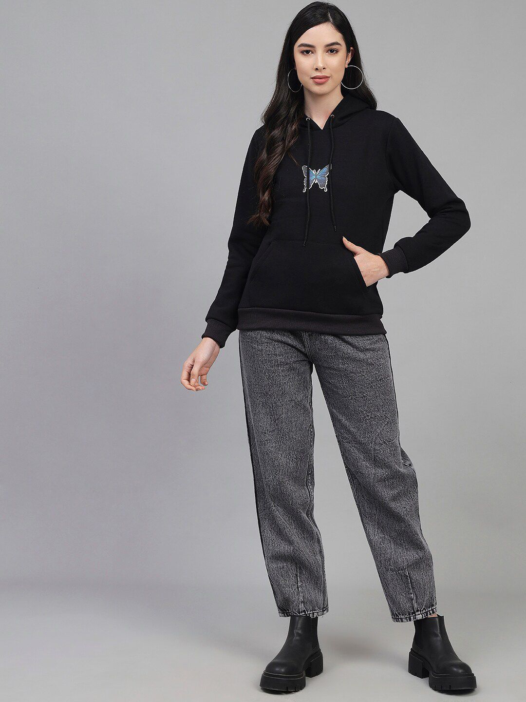 Kotty Women Black Printed Fleece Hooded Sweatshirt