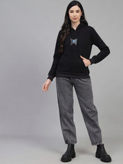 Kotty Women Black Printed Fleece Hooded Sweatshirt