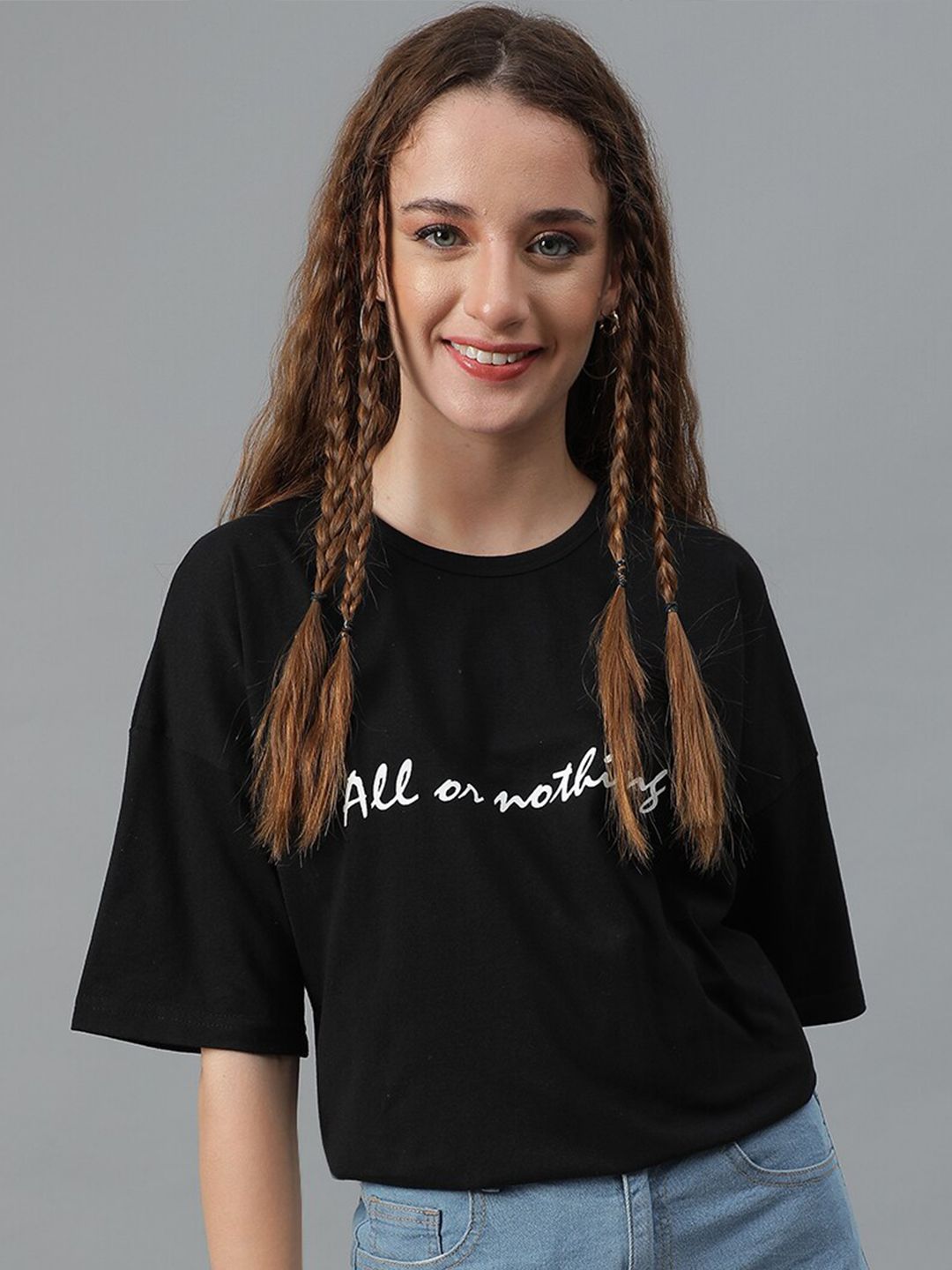 Kotty Typography Printed Round Neck  Drop-Shoulder Sleeves Pure Cotton Oversized T-shirt