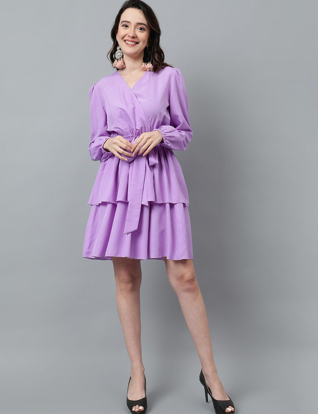 Kotty Puff Sleeved Layered Satin Wrap Dress