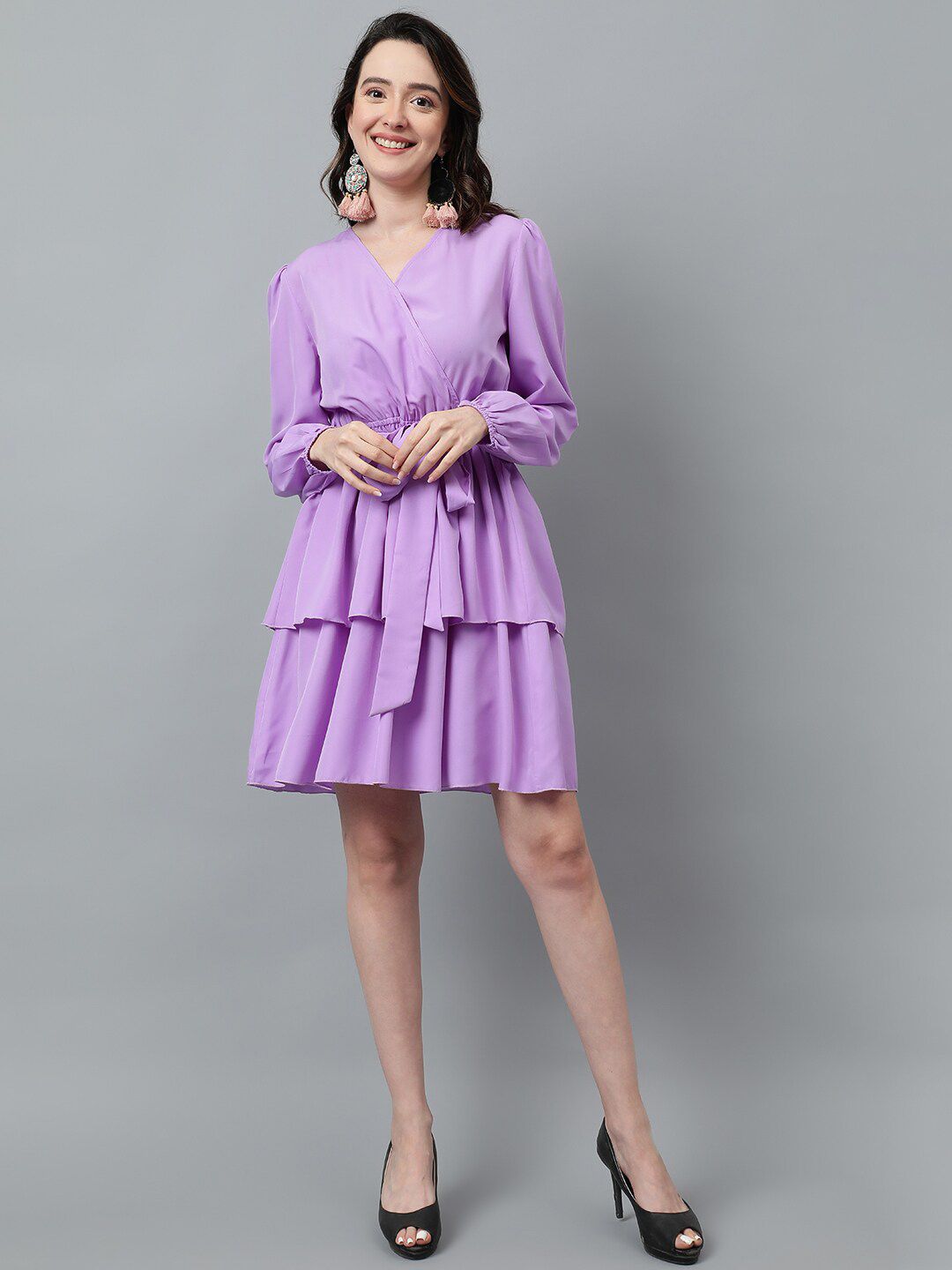 Kotty Puff Sleeved Layered Satin Wrap Dress