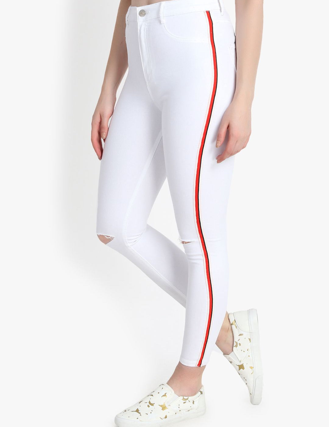 Kotty Women White Skinny Fit High-Rise Slash Knee Stretchable Jeans