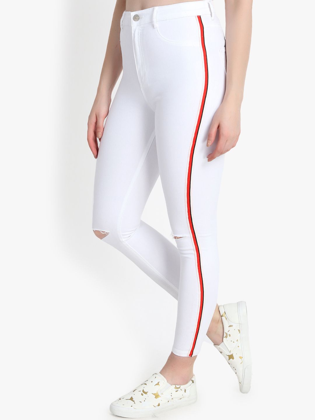 Kotty Women White Skinny Fit High-Rise Slash Knee Stretchable Jeans