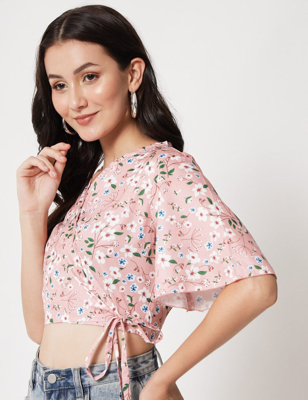 Kotty Floral Printed Flared Sleeves Wrap Crop Top