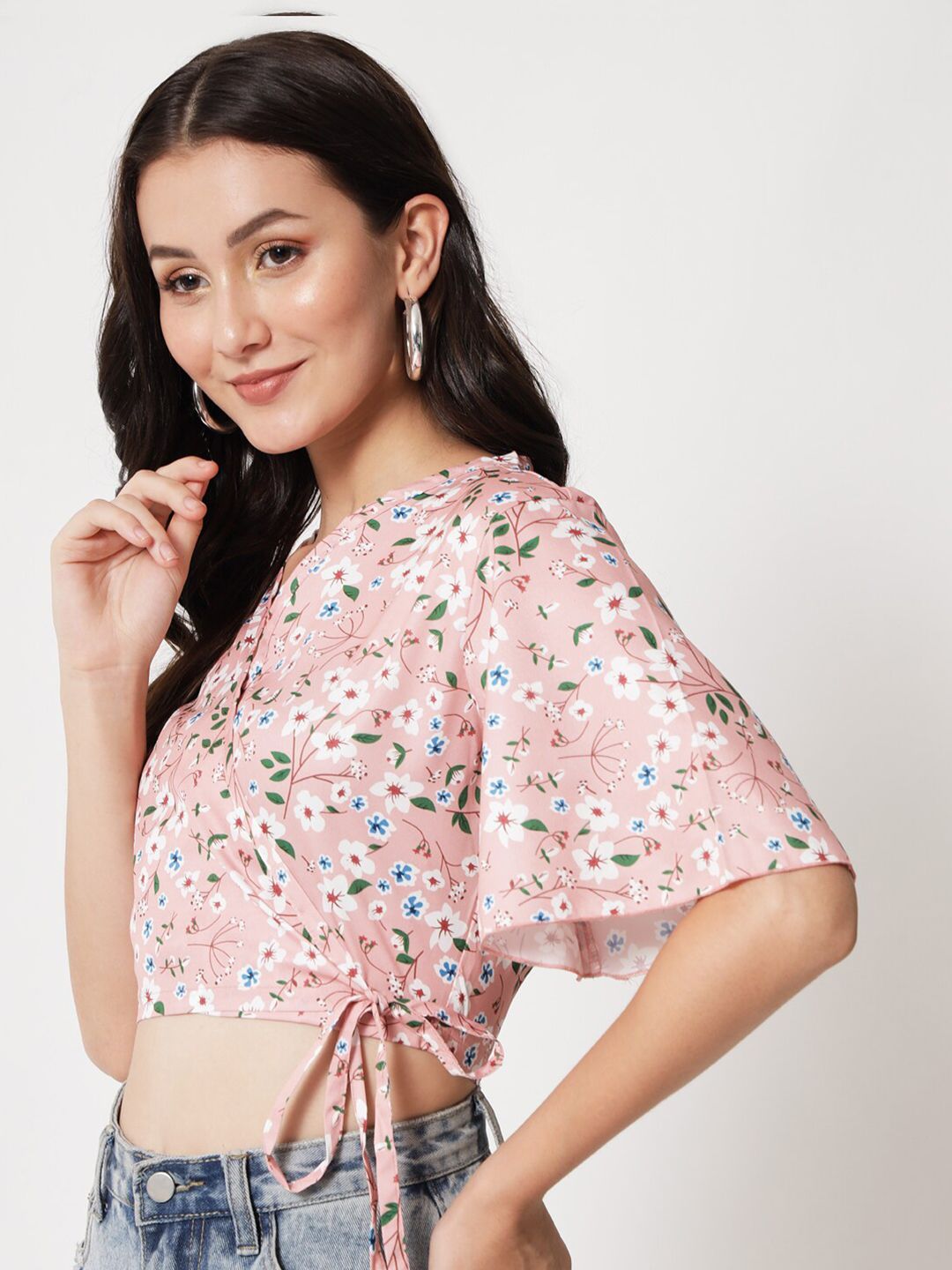 Kotty Floral Printed Flared Sleeves Wrap Crop Top