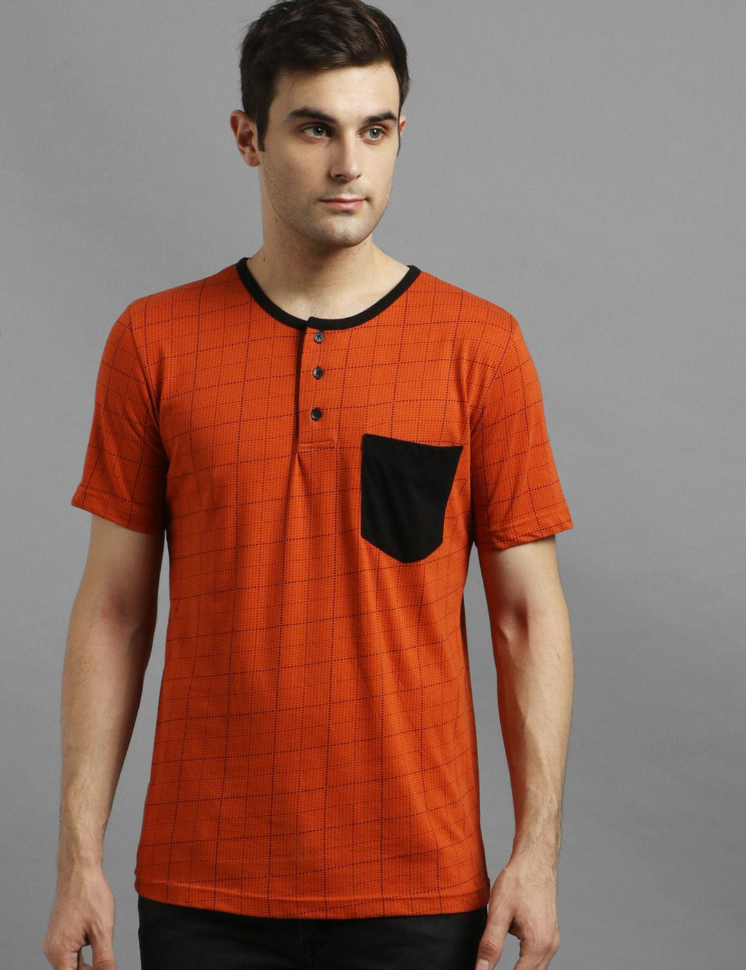 Kotty Men Orange Checked Henley Neck T-shirt