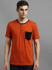 Kotty Men Orange Checked Henley Neck T-shirt