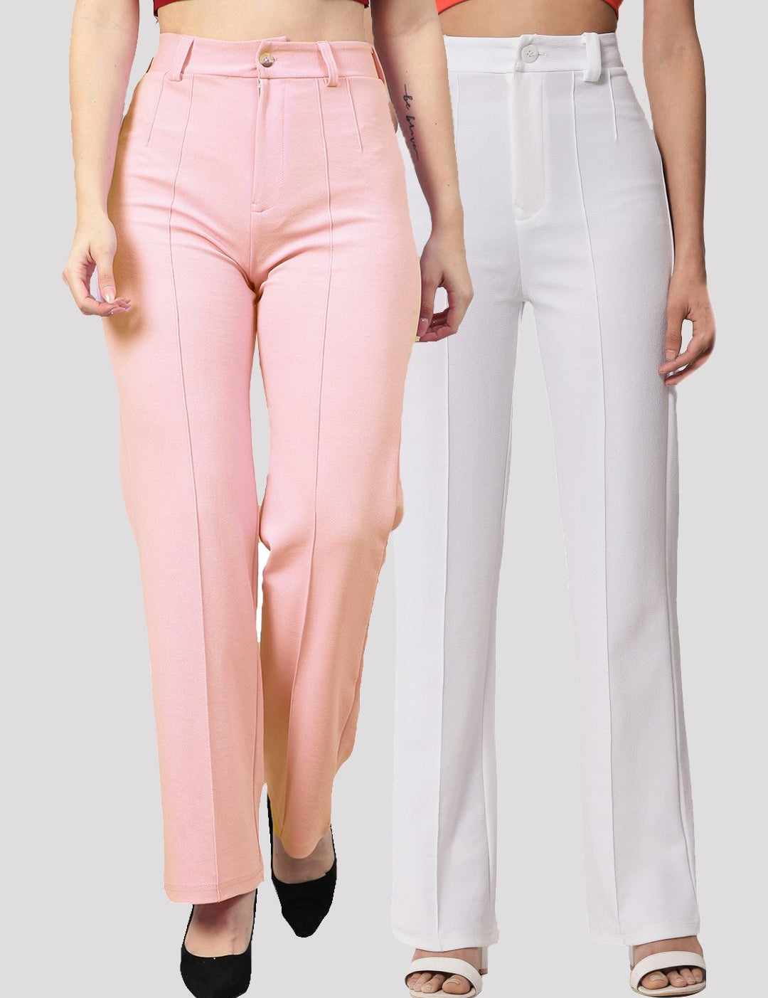 Kotty Women Pack Of 2 Relaxed Straight Leg Fit High-Rise Easy Wash Trousers