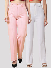Kotty Women Pack Of 2 Relaxed Straight Leg Fit High-Rise Easy Wash Trousers