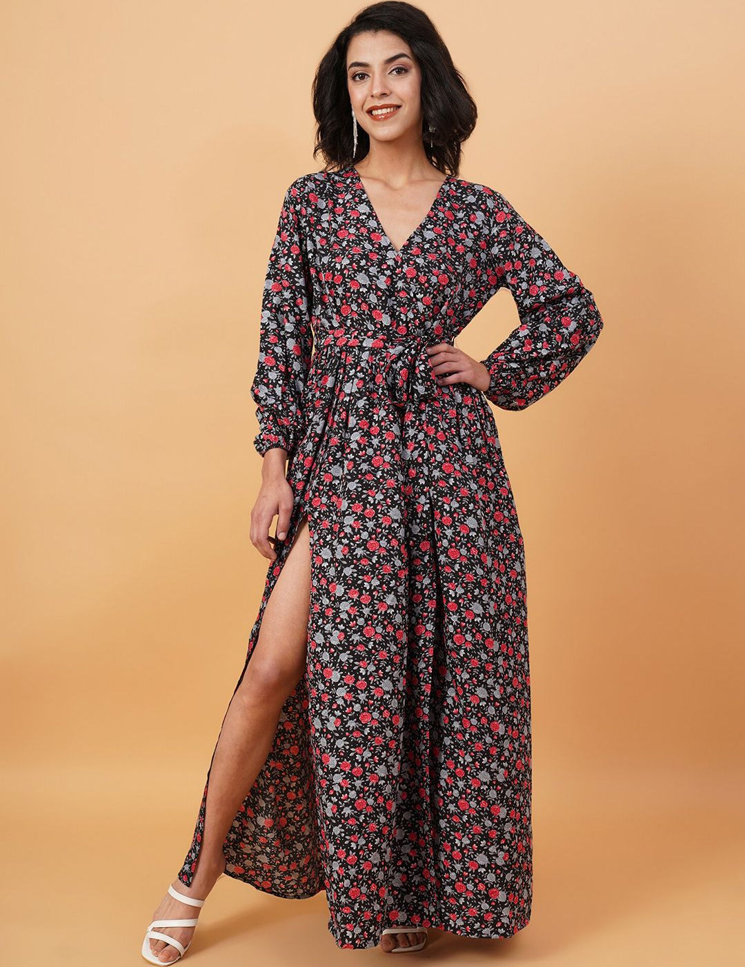 Kotty Black & Red Floral Printed V Neck Puff Sleeves Crepe A Line Maxi Dress